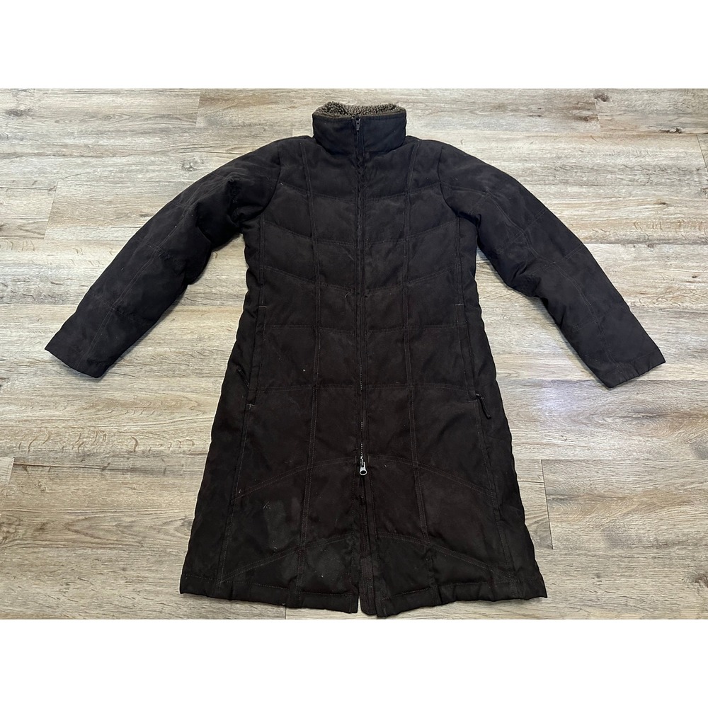 LL Bean Womens Long Down Puffer Coat‎ Brown Faux Suede Sherpa Collar Parka Small